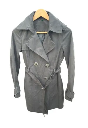 Y2K United Colors of Benetton Black Trench Coat M Minimalist Belted Jacket thumbnail 1