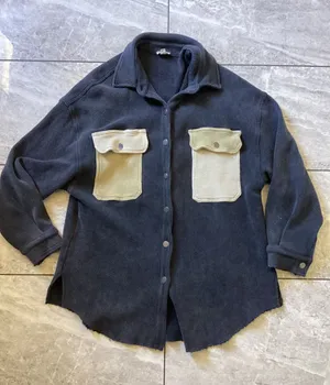 POL Womens Waffle Knit Shacket Charcoal Gray Contrast Pocket Cotton Shirt Jacket thumbnail 1