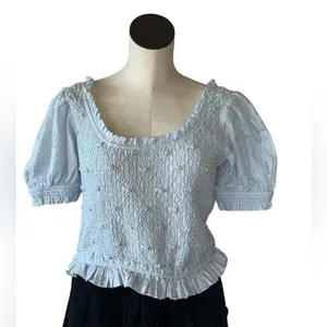 NEW Free People Cecelia Puff Sleeve Smocked embroidered Rosette Cute Top L thumbnail 6