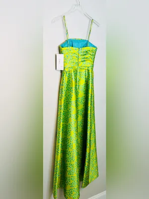 Theia Lime Green Spotted Puppy Dog Satin Formal Strapless Gown Dress thumbnail 5