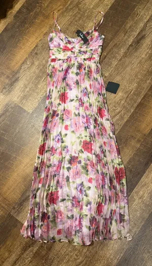 Lulus Samika Pink Multi Floral Satin Pleated Maxi Dress thumbnail 1
