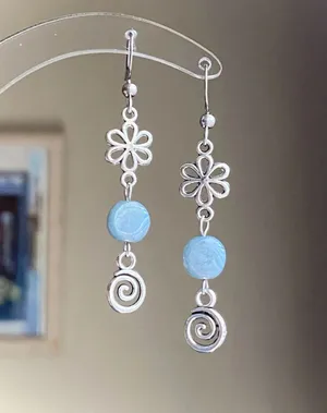 Handmade retro vintage fairy boho funky hippie style spiral flower dangle earrings🌀🌱 thumbnail 1