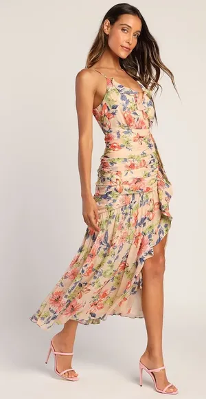 Lulus Stunning Soiree Blush Pink Floral Print Ruched Midi Dress small thumbnail 1