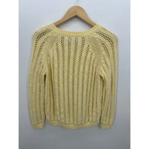 Eddie Bauer Womens S Butter Yellow Open Knit V Neck Sweater Coastal Pointelle thumbnail 3