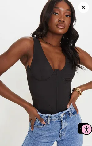 NWT PrettyLittleThing Tall Black Corset Detail Woven Bodysuit thumbnail 1