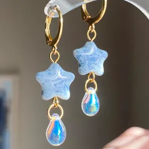 Handmade quality unique vintage rare Czech glass beads style dangle earrings🩵 thumbnail 2
