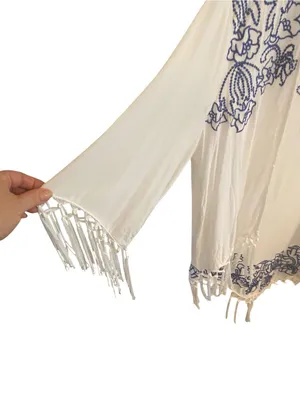 Entro Boho Embroidered Fringe Open Front Kimono Cardigan Cover-Up resortwear thumbnail 7