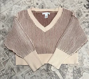 Altar'd State V-Neck Sweater - Cream and Brown thumbnail 1