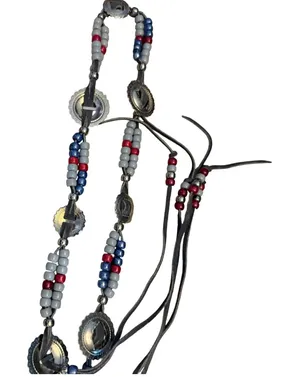 Southwestern Grey Leather Beaded Concho Belt Red White Blue Wrap Tie Waist‎ thumbnail 1