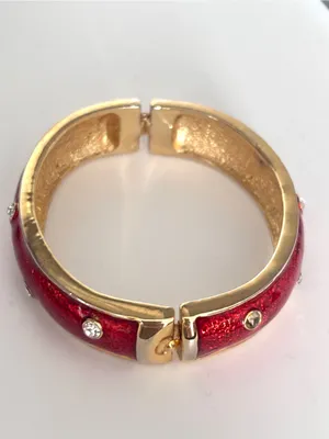 Vintage Red Enamel Hinge Bangle Bracelet Gold Tone Rhinestone Accent thumbnail 4