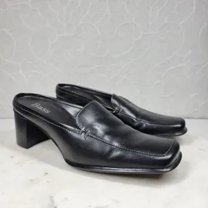 VTG Bass Artist Mules Womens 6 Black Leather Slip On Square Toe Block Heel 2003 thumbnail 2