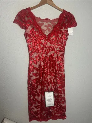 NEW Calvin Klein Red Embroidered Lace Sequin Cocktail Dress Evening Holiday Fall thumbnail 5