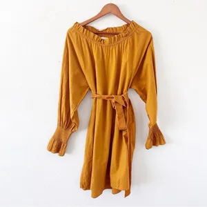 DOEN Miro Golden Hour Mustard Smocked Neck Waist Tie Boho Cottagecore Mini Dress thumbnail 3