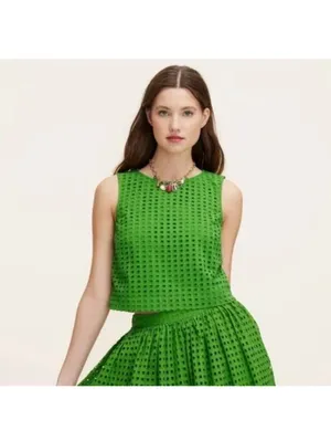 Kate Spade X Target NWT Green Boxy Eyelet Crop Top Size XS Broken Button Loop thumbnail 2