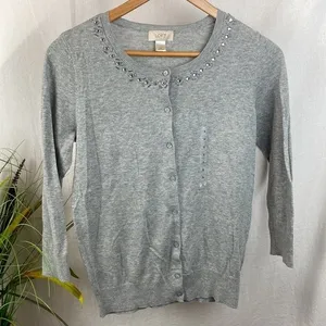 Ann Taylor Gray Rhinestone Collar Trim Button Down 3/4 Sleeve Cardigan Sweater S thumbnail 2