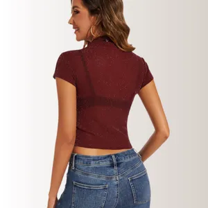 NWT Sparkly‎ Maroon See-Through Mock Neck Crop Tshirt Sz small thumbnail 2