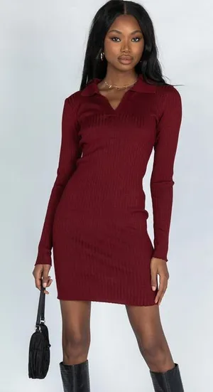 Princess Polly Penelope Long Sleeve Mini Dress in Burgundy Size M/L New with tag thumbnail 1