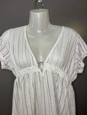 Waves To Coast Cover Up Womens Large White Crochet Mesh V Neck Beach Tunic Swim thumbnail 1