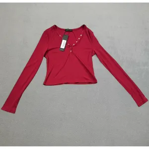 NWT S.DEER Ribbed Top Womens L Red Long Sleeve Henley Top Snap Button V Neck thumbnail 8