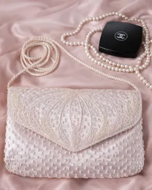 Vintage White Beaded Satin Clutch Purse | Pearl Evening Bag Bridal Prom 90s Y2K thumbnail 1