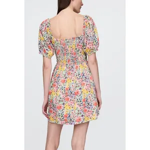 Gap Floral Puff-Sleeve Square Neck Smocked Babydoll Mini Dress Multicolor XS thumbnail 2
