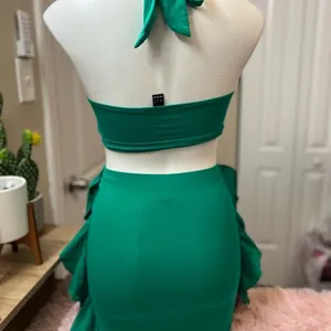Green Halter Two Piece Set XS | Bandeau Top & Ruffle Skirt Matching Set thumbnail 3