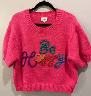 BiBi ‘Be Happy’ Puff Sleeve Tensil Letter Knit Top Hot Pink thumbnail 1