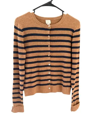 A New Day‎ Womens Ribbed Striped Cardigan Brown Navy Blue Crew Neck Small thumbnail 1