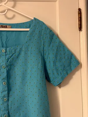 Flax 100% linen polka dot square neck button front blouse size large thumbnail 4