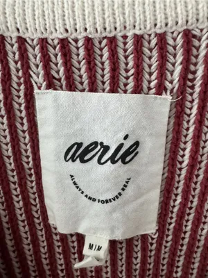 Aerie Red and Cream Beyond Chenille Chunky Knit V Neck Sweater‎ thumbnail 6