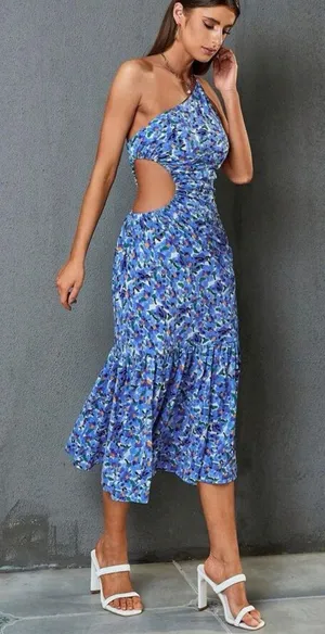 Stretchy Side Cutout Midi Maxi Floral Small Blue Summer Dress thumbnail 1