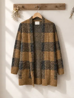 Cyrus Mustard and Charcoal Plaid Open-Front Cardigan thumbnail 3