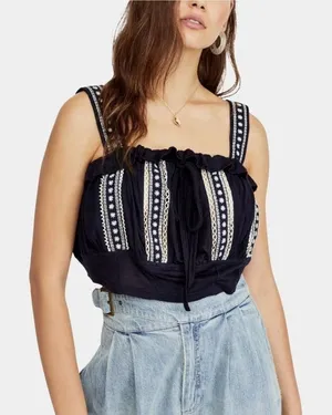 Free People Hill Top Crop Tank Size Large Blue Embroidered Boho Festival thumbnail 1