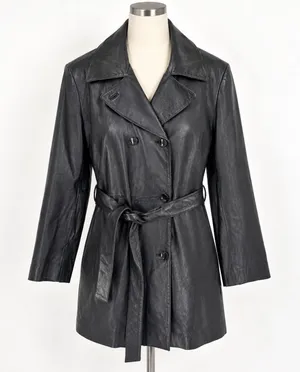 Wilsons Leather Trench Coat Womens XL Black Belted Thinsulate Zip Out Liner Y2K thumbnail 1