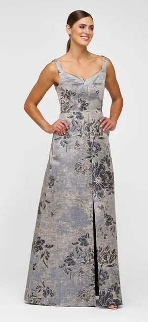 NWT Kay Unger Amelia Gown in Dark Midnight Metallic Jacquard Floral Size 8 thumbnail 1