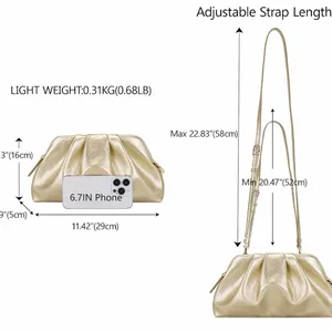 Gold Pleated Evening Clutch Bag Shiny Leather Formal Wedding Crossbody Purse thumbnail 4