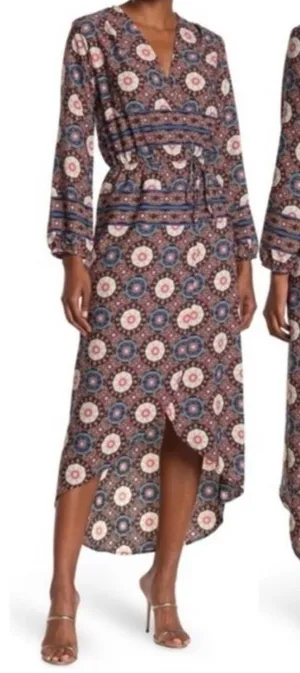 Fraiche by J Nadia Faux Wrap Boho Printed Long Sleeve Midi Dress - NWT - Size S thumbnail 1