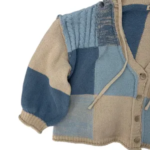 POL Blue Beige Patchwork Knit Hooded Button Cardigan Sweater Cozy Boho Size M thumbnail 4