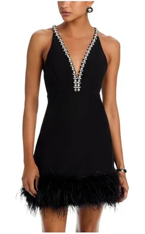 NWT Aqua Womens Feather Embellished Tank Mini Dress IDO12840 Black XS thumbnail 1