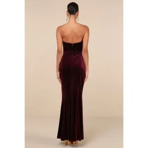 NWOT Lulus Perfectly Captivating Plum Purple Velvet Strapless Maxi Dress Size L thumbnail 3