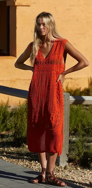 Free People FP Beach Sz L Orange Emma Fauxchet Knit Sleeveless Boho Midi Dress thumbnail 1