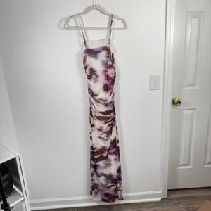 BHLDN Lea Dress Square Neck Midi Purple Abstract Ruched Wedding Guest Womens M thumbnail 4