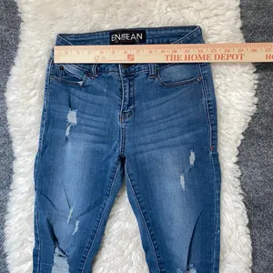 Enjean Blue Denim Skinny Jeans Distressed Raw Hem Y2k Boho Chic Grunge Alt thumbnail 3