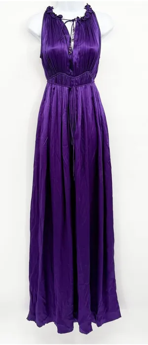 Blessed and Lucky Womens Purple 100% Silk Pleated Halter Maxi Prom Gown Dress XS thumbnail 1