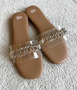Clear Slide Sandals Nude Gold/Silver Chain Transparent Strap Slip On Sz 8 thumbnail 1
