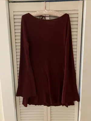 Meshki Zahra Open Back Long Flare Sleeve Burgundy Brown Mini Dress thumbnail 3
