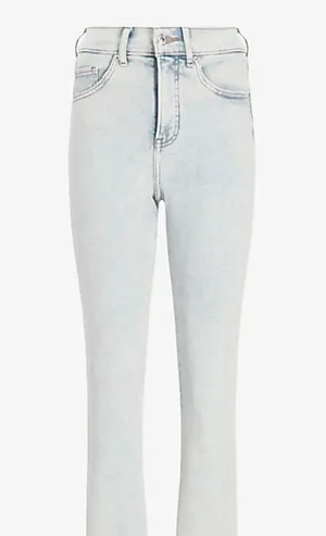 Express High Waisted Light Wash Raw Hem Cropped Flare Jeans thumbnail 3
