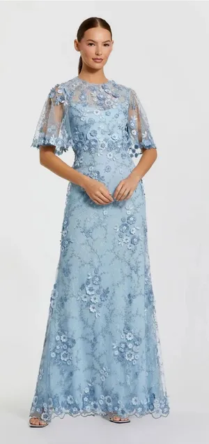 Mac Duggal 68810 Blue Flutter Sleeve Floral Embroidered Net Gown sz 10 thumbnail 1