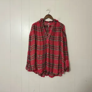 Free People Fearless Love Tunic XS Red Plaid Metallic Bell Sleeve Boho Top thumbnail 4