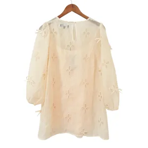 Lulus Aamira Cream Embroidered Bow Blouson Sleeve Shift Mini Dress size S NWOT thumbnail 5
